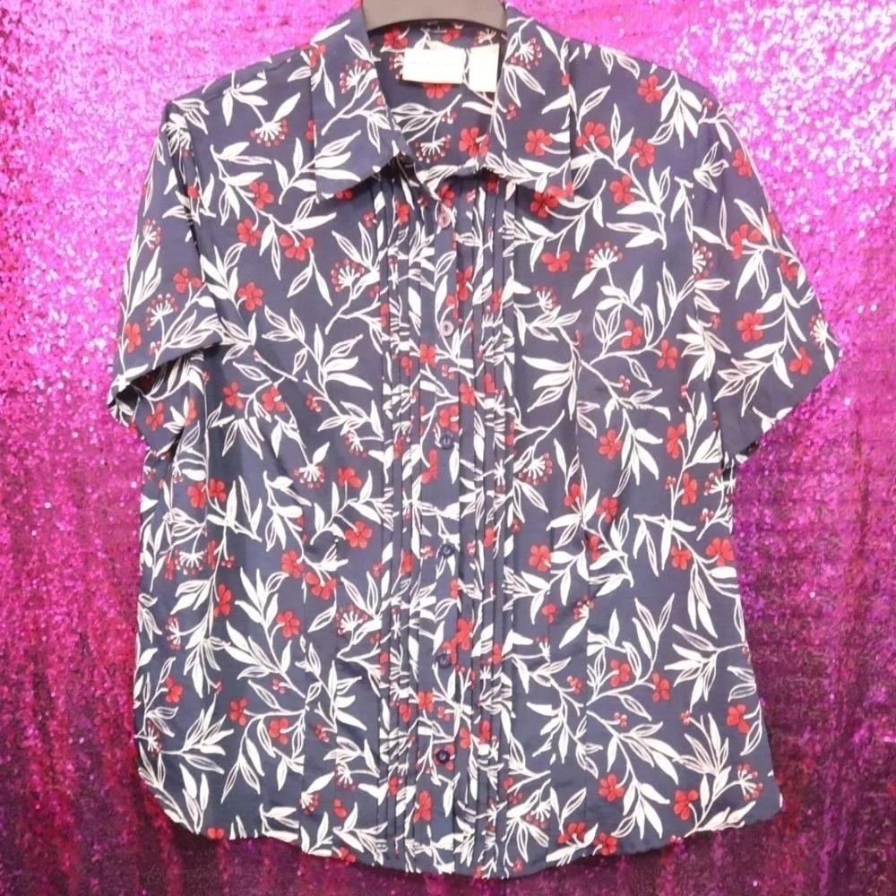 Navy Floral Blouse 16W Alfred Dunner Women Pleated Front Short Sleeve Top - Picture 8 of 11